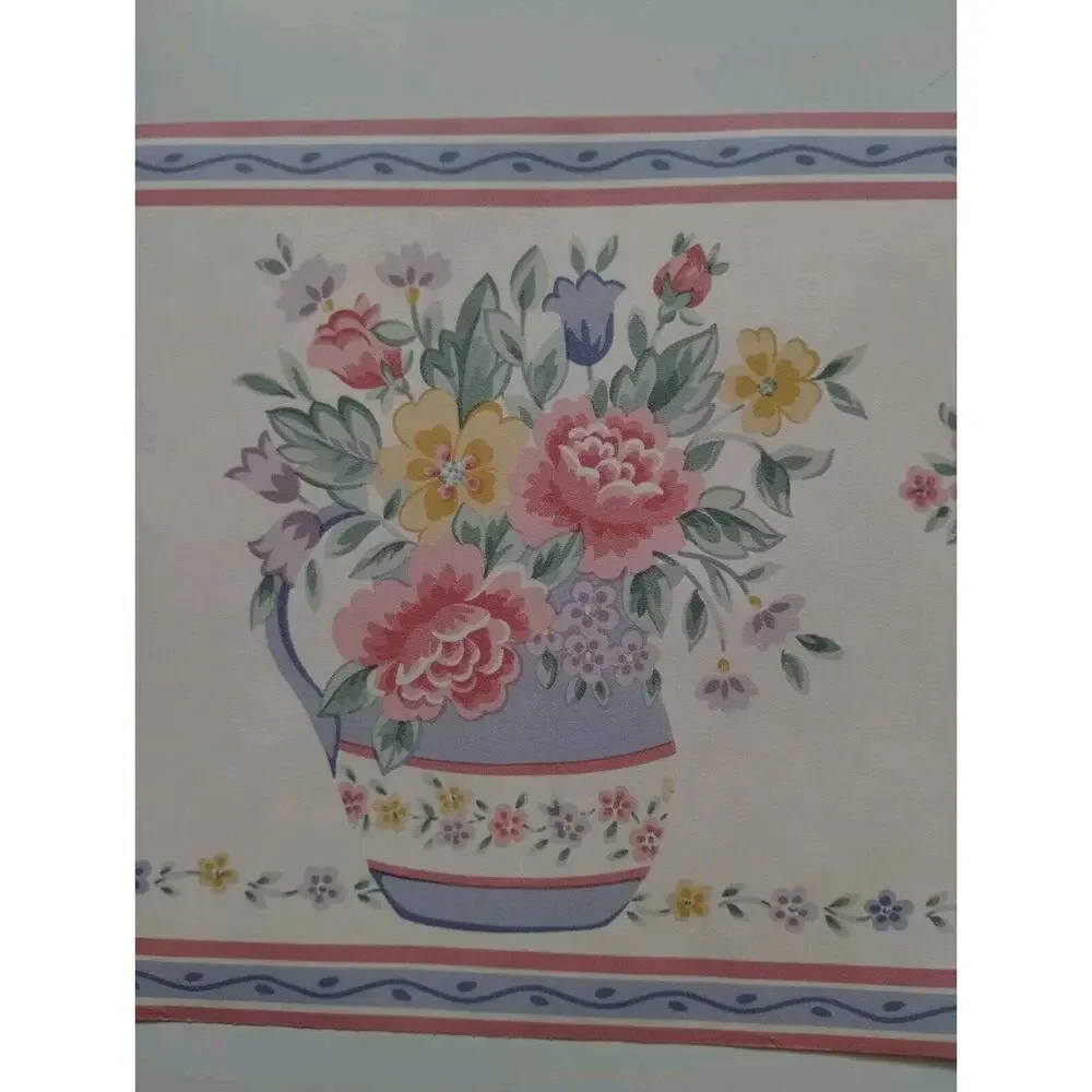 Pre-pasted Decorative Wall Border - Vases with Flowers - Pink Purple Yellow 5 yd